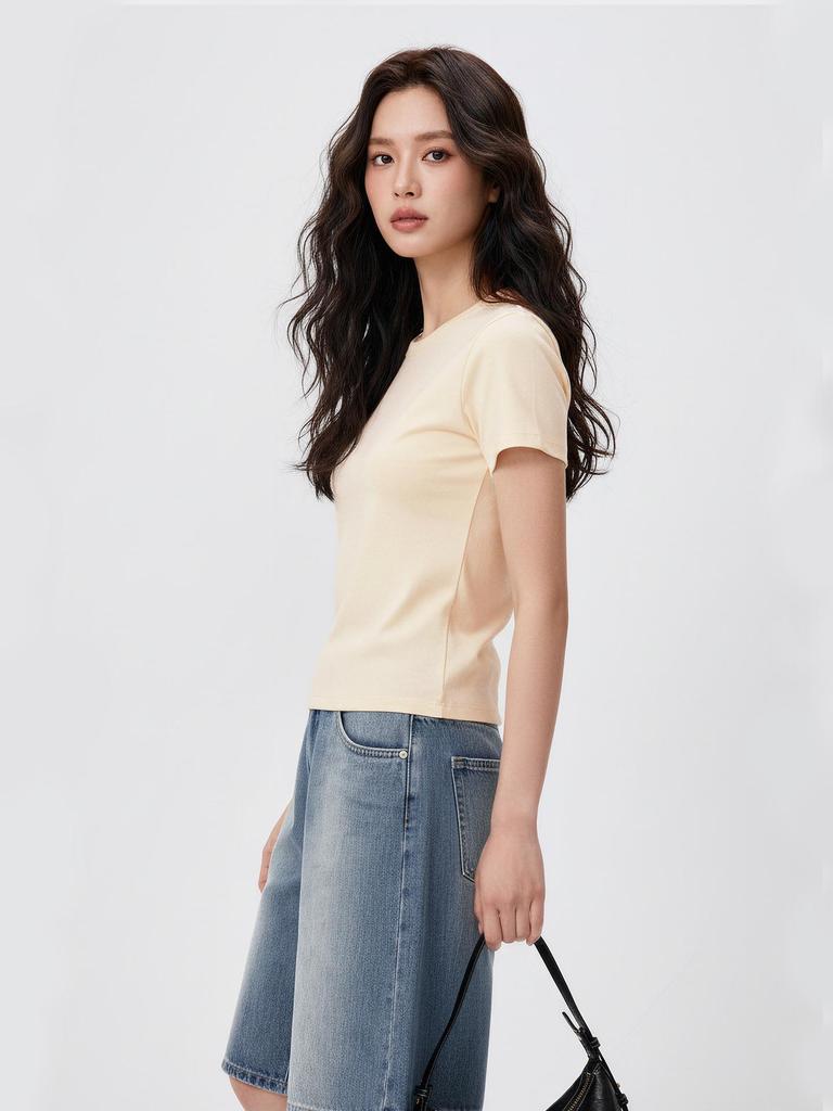 Women's Straight Shoulder Slim Fit T-Shirt - Short Sleeve, Versatile Summer Top