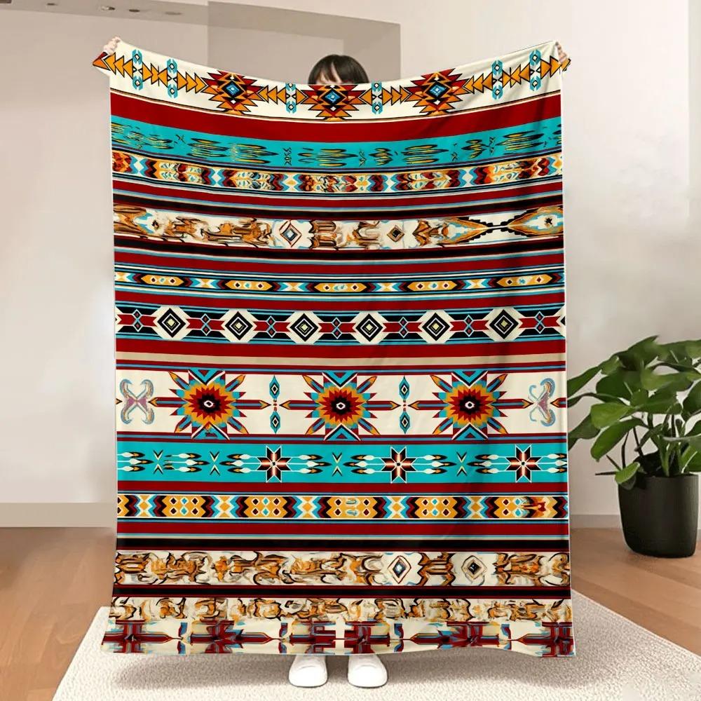 

Southwestern Native American-Inspired Blanket - Vibrant Horizontal Stripes with Red, Blue, Yellow, and Brown Patterns, Featuring 70x100cm білий