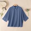 ZANZEA Women Casual Loose Lapel Collar 3/4 Batwing Sleeve Buttons Up Blouse
