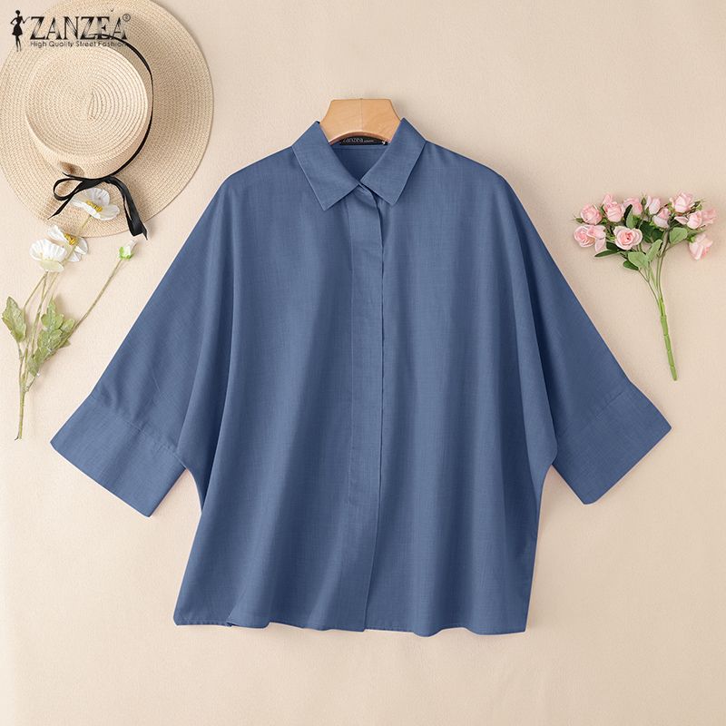 ZANZEA Women Casual Loose Lapel Collar 3/4 Batwing Sleeve Buttons Up Blouse