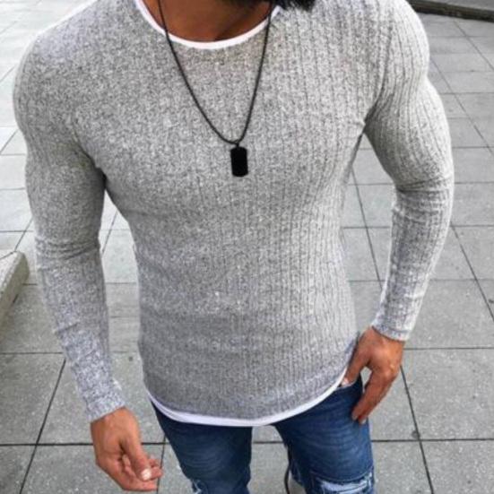 Fashion Men Round Neck Long Sleeve Patchwork Slim Knitted Sweater Pullover Top