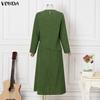 VONDA Women O Neck Long Sleeve Casual Loose Pleated Layers Maxi Rufffled Dress Robes