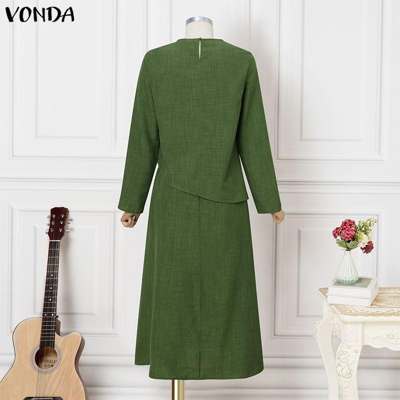 VONDA Women O Neck Long Sleeve Casual Loose Pleated Layers Maxi Rufffled Dress Robes