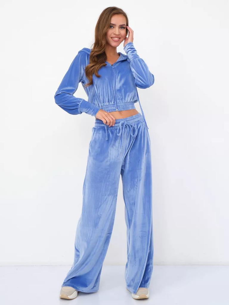 Fashion Casual Women's Clothing Solid Zippered Cardigan Silver Fox Fleece Hoodie Tie Waist Pants Two Piece Set