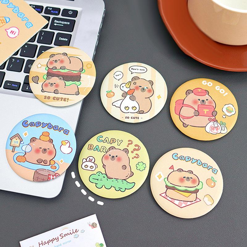 Oglindă portabilă, drăguță, rotundă, mică, oglindă de machiaj cu capibara din desene animate, buzunar simplu, oglindă de machiaj compactă pe o singură față, cadouri mici
