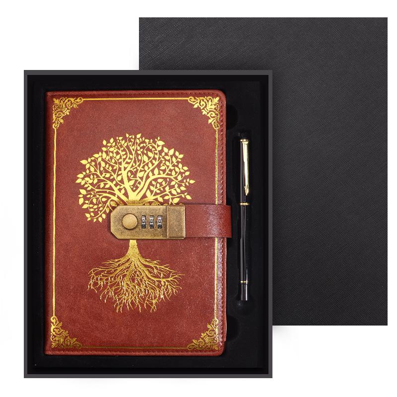 Zestaw notesu A5 w stylu retro z hasłem w pudełku prezentowym: Dziennik spotkań biznesowych z możliwością personalizacji logo.