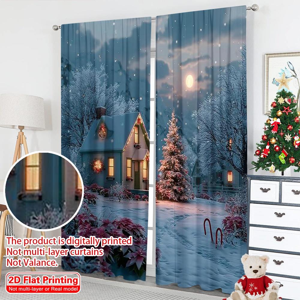 2pcs 2D flat printing Merry Christmas Party Curtains Snowy Christmas Durable Polyester Without Electricity Party Decorations