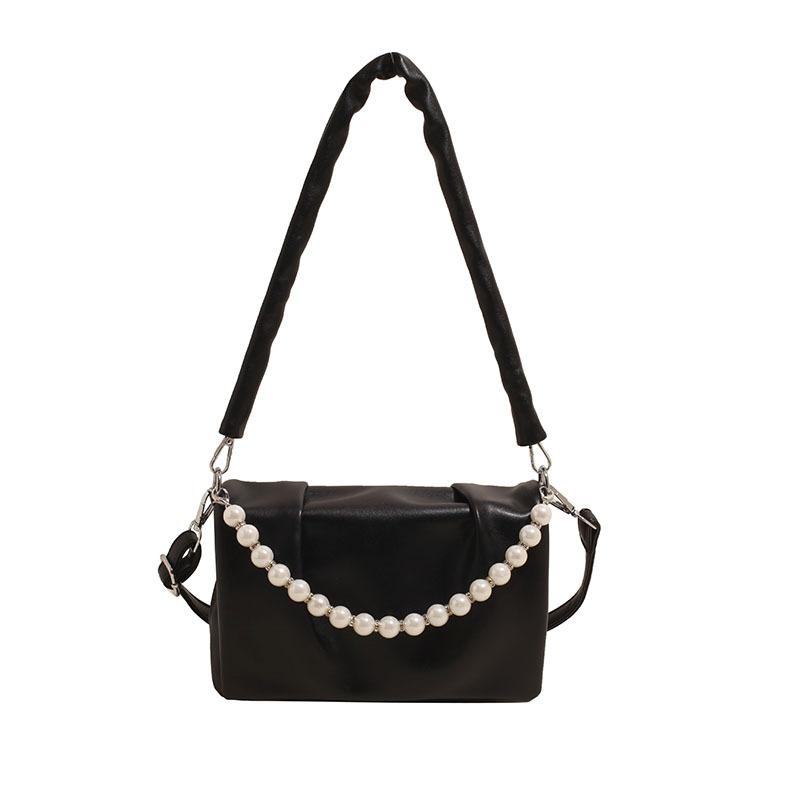 Spring New French Pleated Pearl Chain Small Square Bag Women's Fashion Simple Style High-end Single Shoulder Messenger Bag