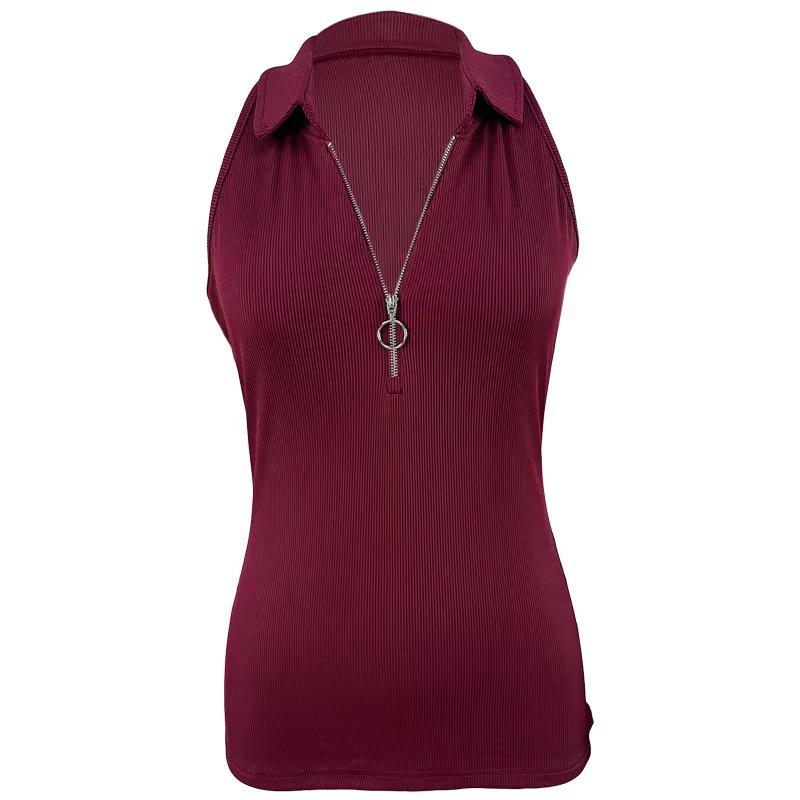 2024 Women's Fashion Casual Solid Color Ribbed Zip-Up Vest T-Shirt with Turn-Down Collar for Spring/Summer