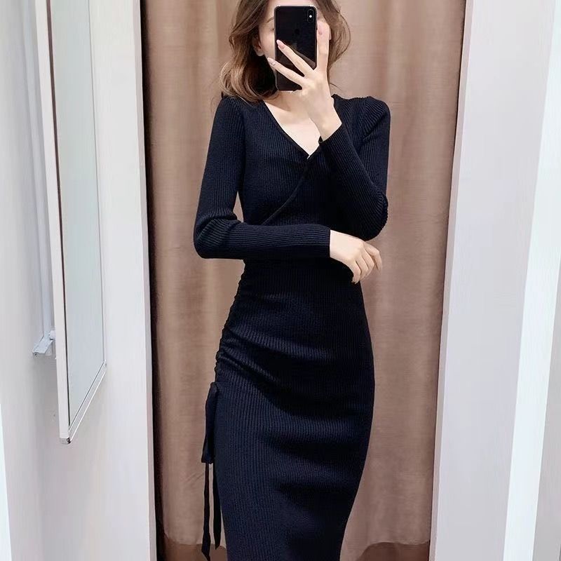 Knit Dress Waist-Cinching Mid-Length Autumn Winter Temperament Knee-Length Long Sleeve Base Layer Sweater Dress