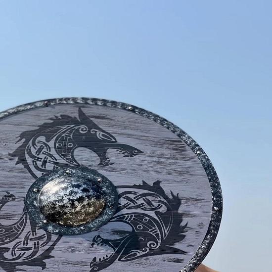 Battleworn Viking Shield  Fenrir Gray Wolf and King Finehair Inspired Design Norse Warrior Shield  Medieval Decor and Collectible Viking