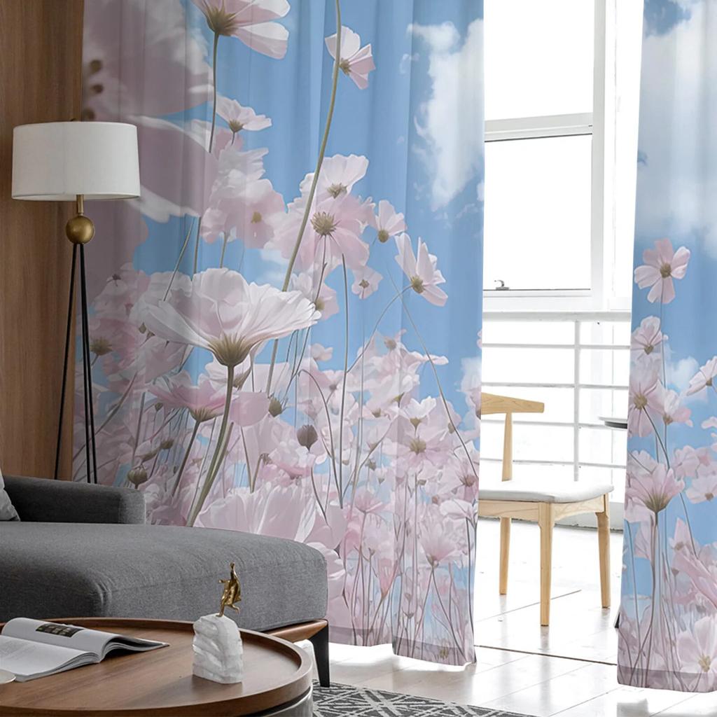 Blue Sky Clouds Flowers Sheer Curtains For Living Room Bedroom Tulle Curtain For Kitchen Voile Curtain Blind Panels