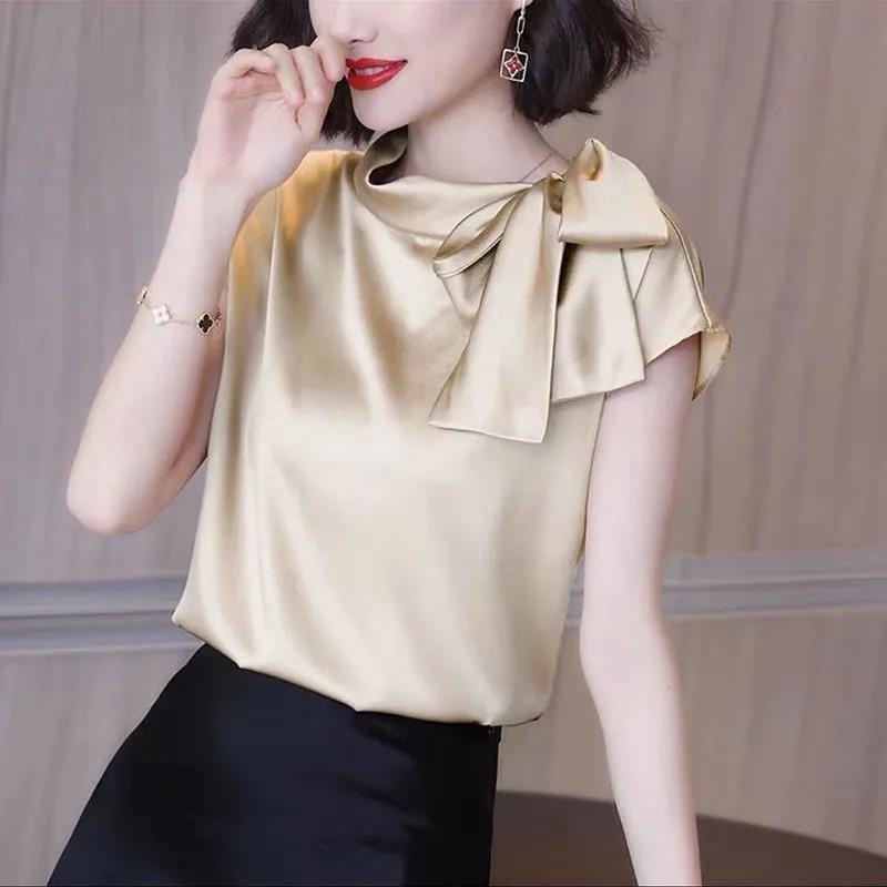 Office Lady Elegant Fashion Bow Satin T-shirt Female Short Sleeve Solid All-match Pullover Tee Women's Temperament Summer Tops