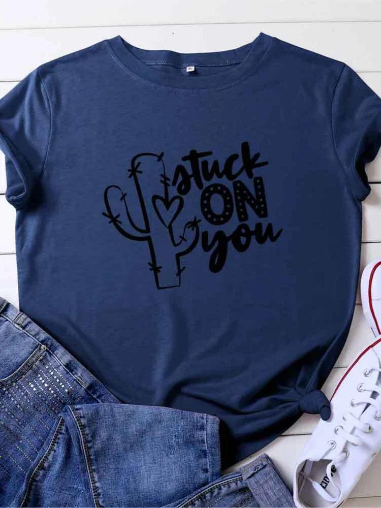 

Прилипни к тебе Принт кактуса Женская футболка с коротким рукавом и круглым вырезом Свободная Женская футболка Женская футболка Топы Camisetas Mujer XXXL темно-синий