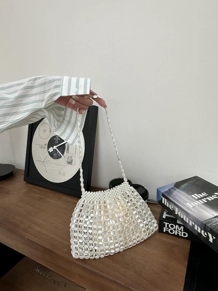 

JIAERDI Hot Girl Silver Handmade Beaded Purse Ladies Fashion Premium Hollow Shoulder Bags Female Harajuku Crossbody Y2K Bag 2025 26x16x5cm бежевий