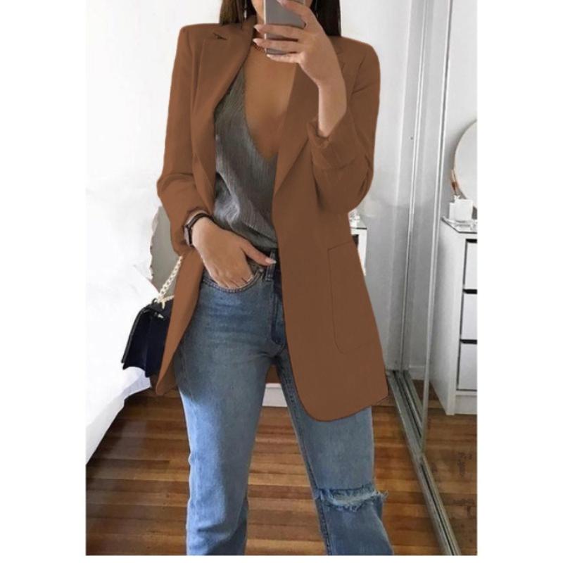 Women Solid Open Front Pockets Cardigan Formal Suit Long Sleeve Blouse Coat