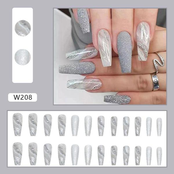 New Manicure Long Wearable False Nails Ballet False Nail Full Cover Grey White Marble Design Nails Tip French Coffin Nails Press On Nails