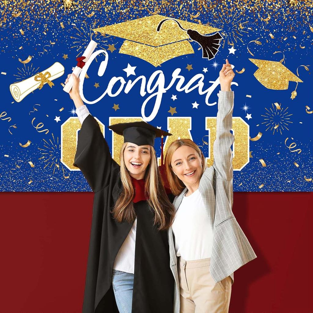 Graduation Party Decorations - Blue Gold Congrats Grad Class of 2025 Backdrop Banner Large Sign Wall Decorations Photography Background Party