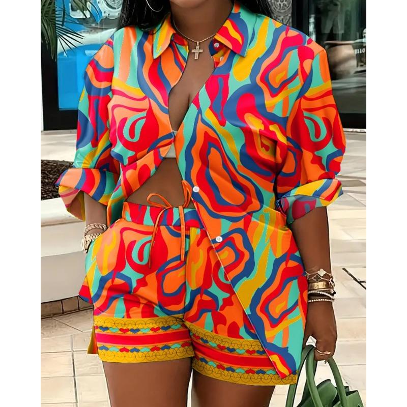 YYFS Moda dame ocazional primăvară toamnă imprimeu cu mâneci lungi cu mâneci lungi cu gâtul POLO Pantaloni cu pantaloni costume