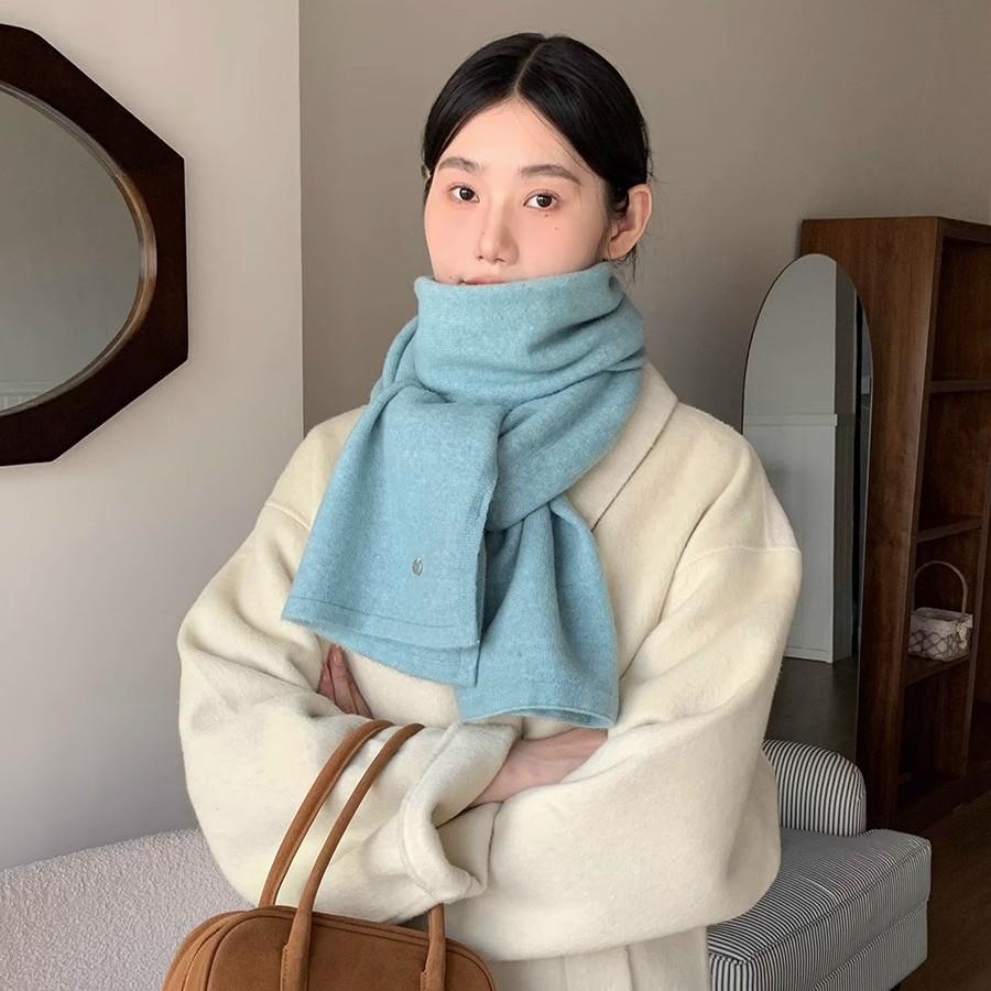 Korean Style Funi Blue Wool Blended Knitted Scarf for Women Winter Warm and Windproof Fashion Versatile Solid Color Scarf