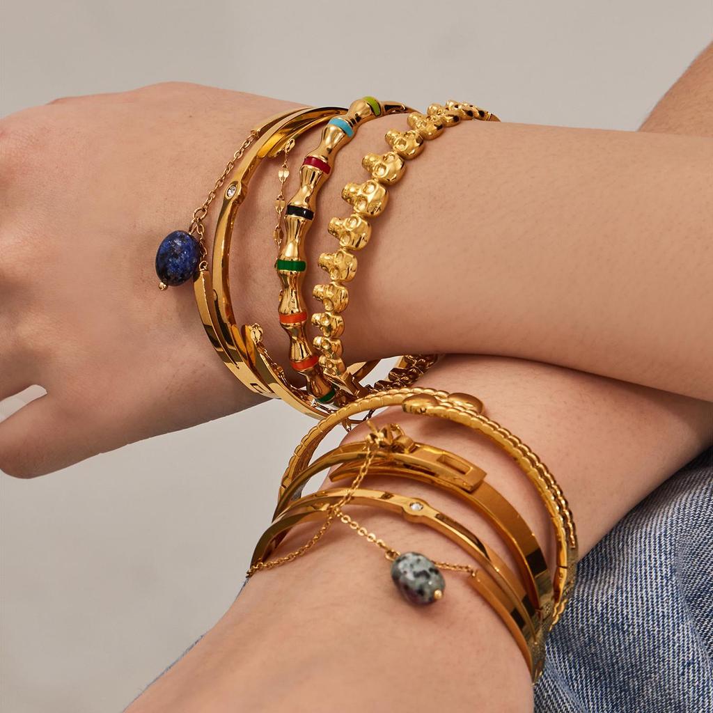 Modern Chinese Style Stone Pendant Gold-Plated Stainless Steel Geometric Bracelet