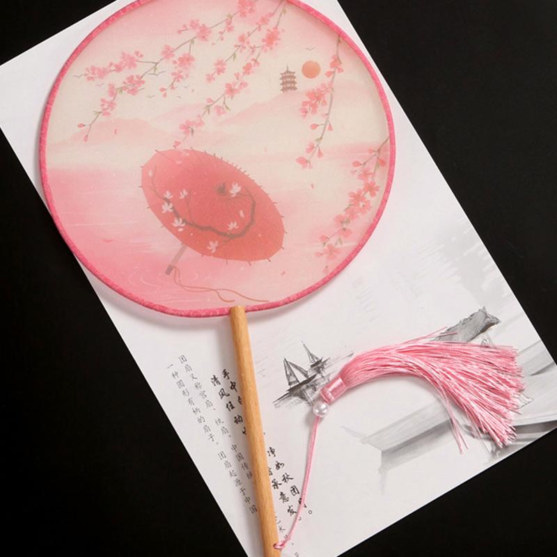 1 Stück Antiker Chinesischer Stil Langer Griff Runder Fächer Klassische Bedruckte Kreisfächer Quaste Vintage