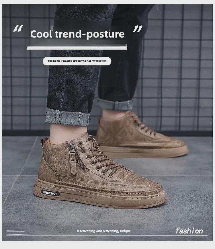 Botas Martin de cano alto de veludo de inverno masculinas - Sapatos casuais de couro com sola grossa e algodão quente da moda