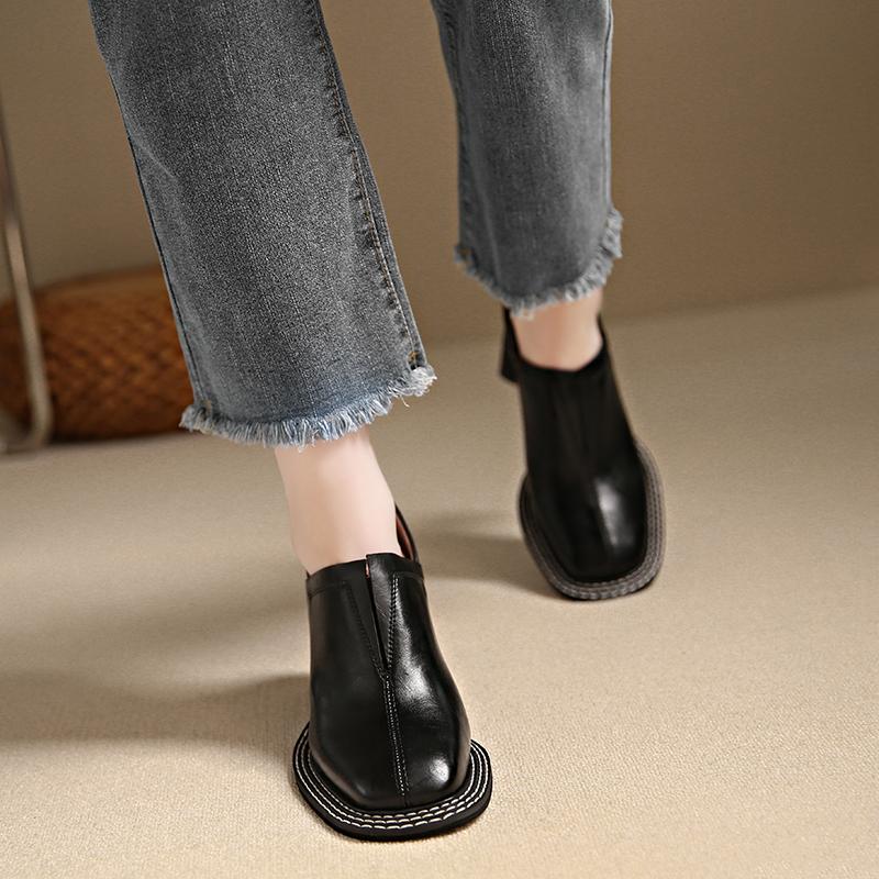 NEW Spring/Autumn Women Pumps Square Toe Chunky Heel Shoes Split Leather Shoes for Women Concise Slip-on High Heel Handmade Shoe
