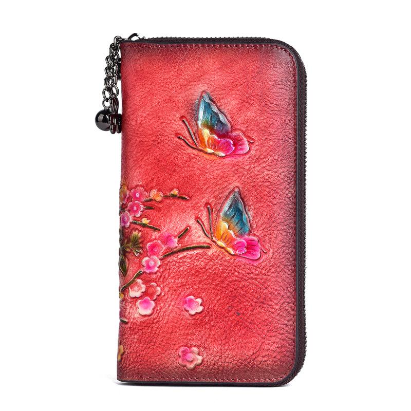 Vintage Ladies Wallet Genuine Leather Clutch Bag Retro 3D Embossed Floral Purse Woman   Handmade Real Cow Leather Wallet