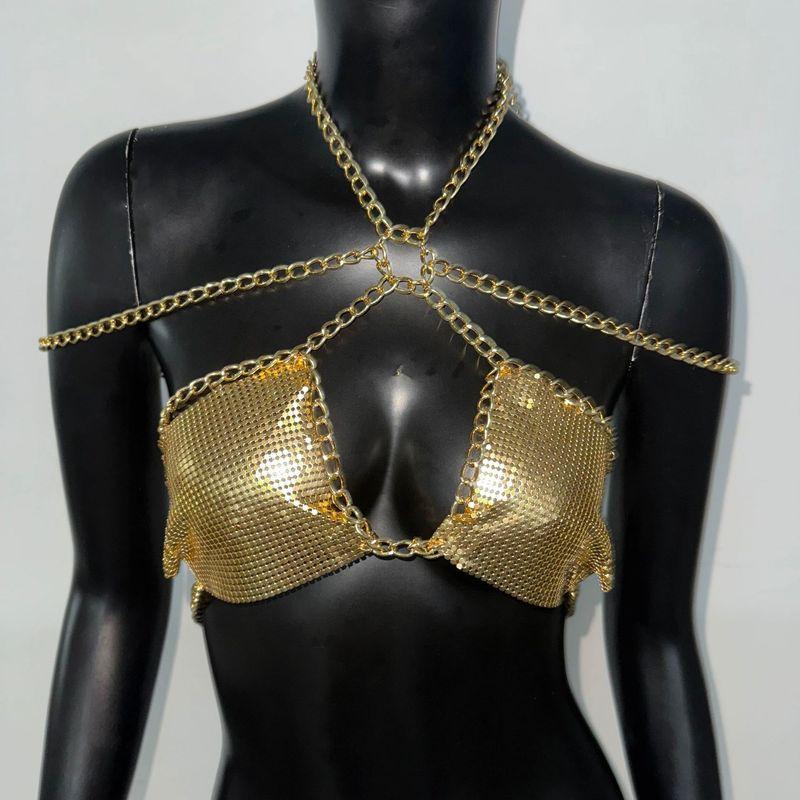 

Outfitgirl Music Festival Wear Metal Sequins Chain Spaghetti-Strap Camisole Top Ins Sexy Unique Top Gold One size