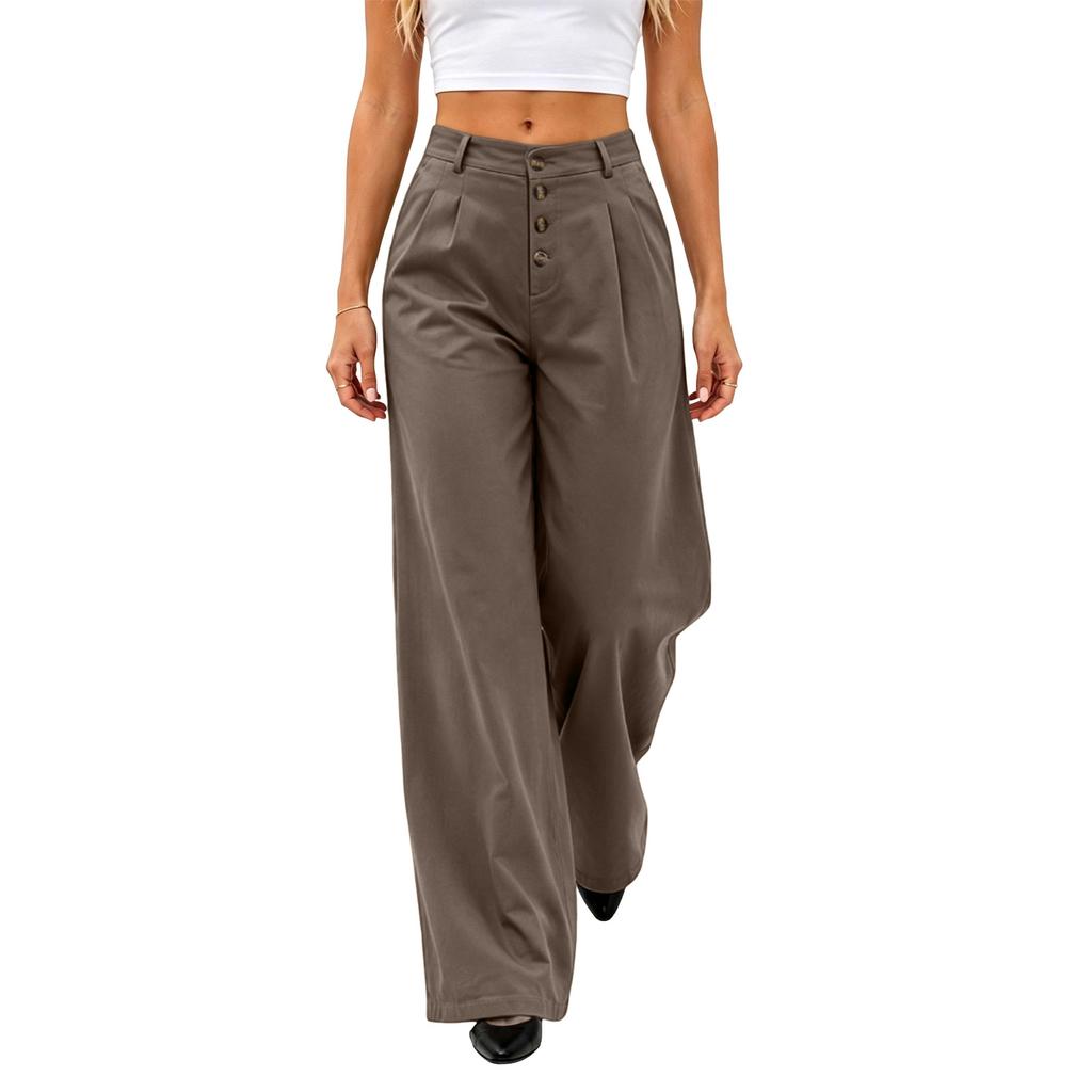 Women's Retro Loose Fit Wide Leg Casual Pants with Button Front for Everyday Wear
