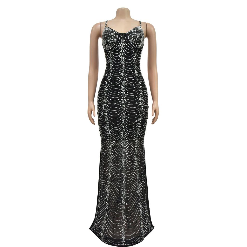 Women's Fashion Long Dress: Solid Color Mesh with Hot Drilling and Strappy Design