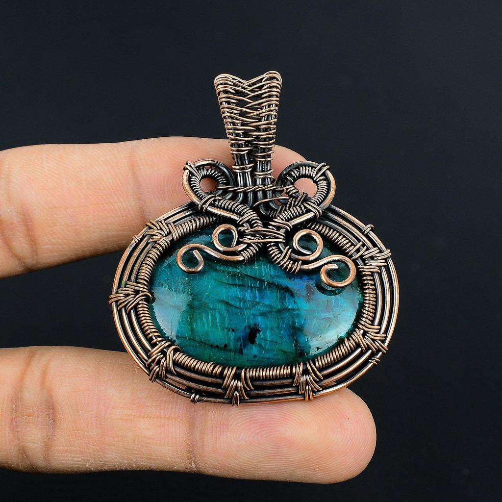 Blue Flash Labradorite Handmade Pendant, Natural Gemstone Jewelry, 999 Copper Wire Wrapped Pendant Jewelry, For Gift