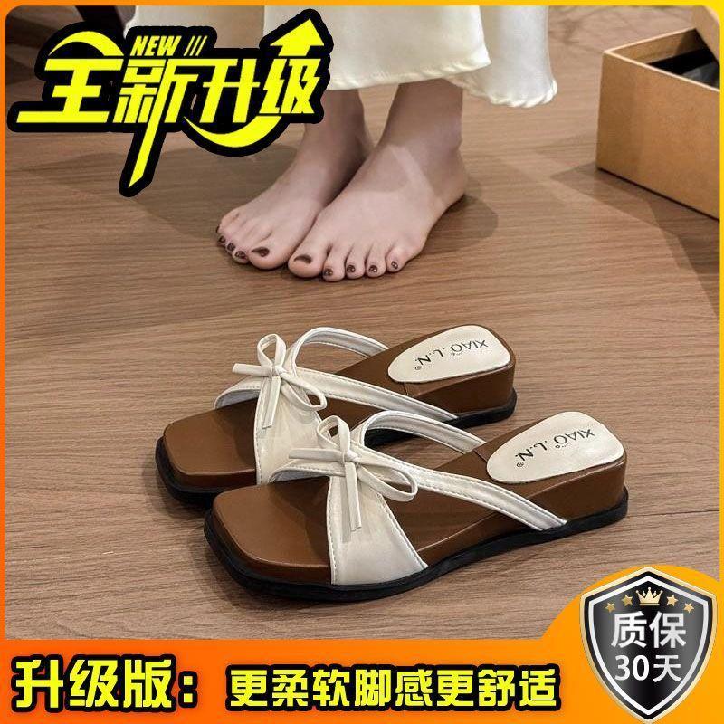 Korean Fashion Bow Wedge Slippers Female 2025 Summer New Retro Open-toed Fairy Wind Thick-bottomed Cool Slippers