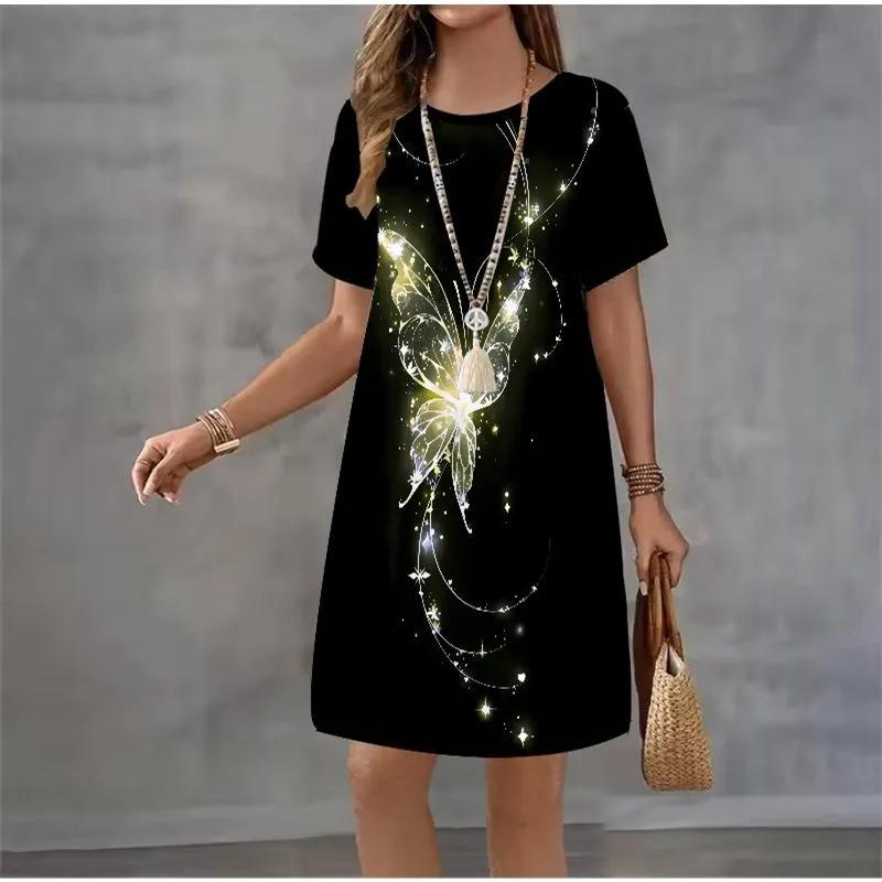 Fashion Women's Crew Neck Dress 3D Casual Color Printing Casual Short Sleeve Crew Neck Dress