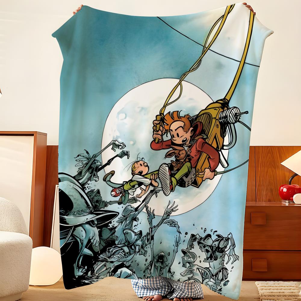 Cartoon S-Spirou en F-Fantasio Gooi Flanellen Plaid, Lichtgewicht Gezellig, Duurzaam Wasbaar schattig Cool