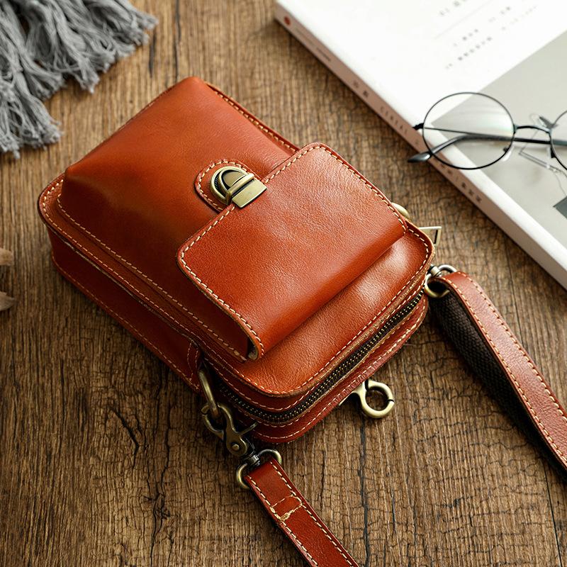Borsa a Spalla in Vera Pelle conciata al vegetale e lucidata a mano, Strato Superiore di Pelle di Mucca, Marsupio da Uomo, Piccola Borsa da Appendere, Stile Retro