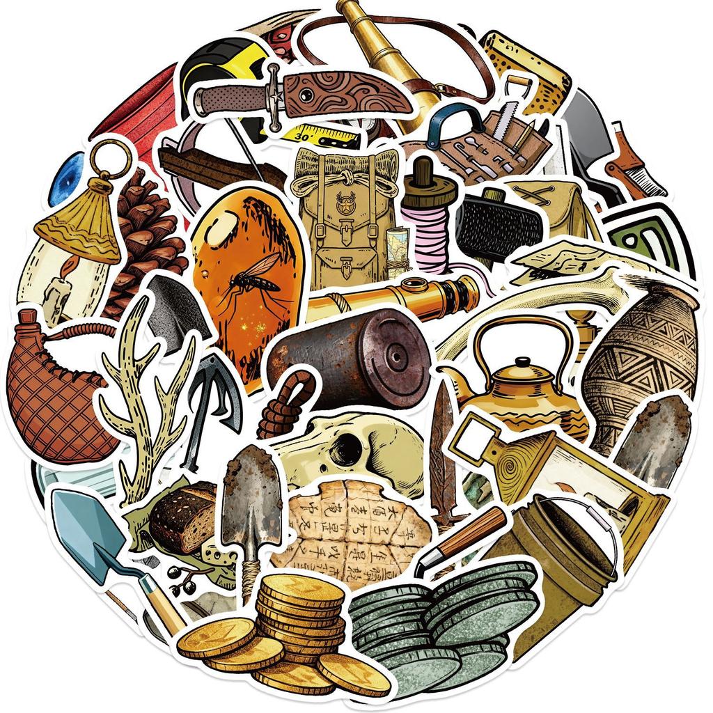 50pcs Vintage Archaeological Tools Stickers DIY Scrapbooking Journal Collage Phone Guitar Skateboard Helmet Retro Decals