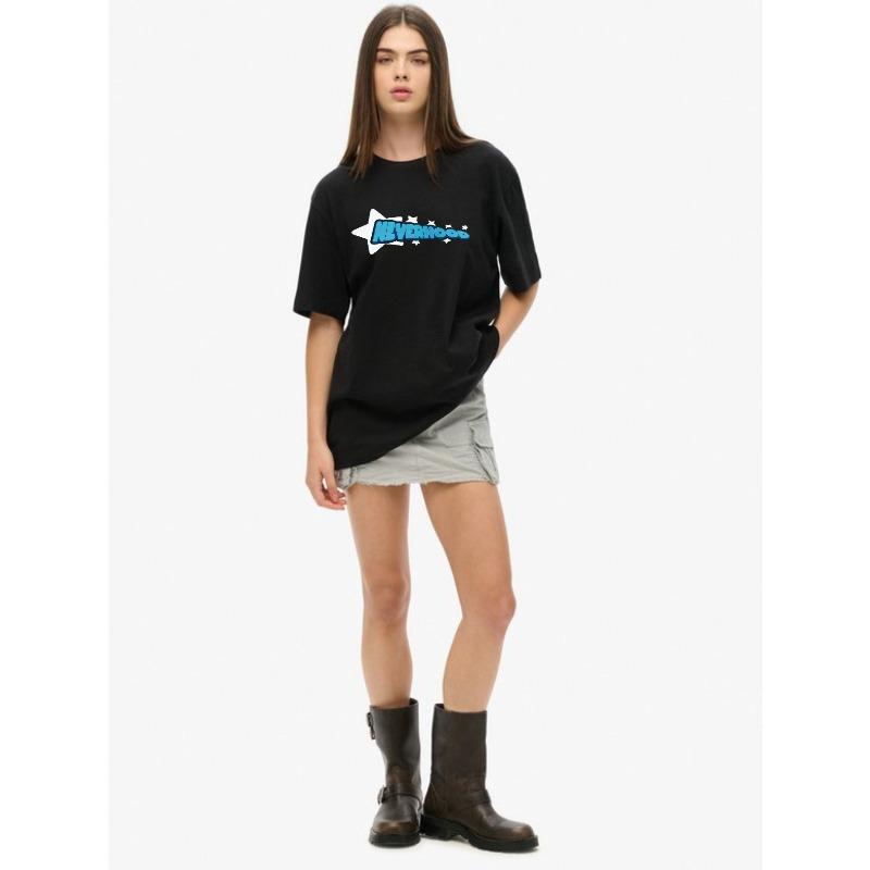 Koszulka Oversize Czarna Logo Neverhood z Grafiką Gwiazd Casualowy Top Streetwear Dla Kobiet i Mężczyzn
