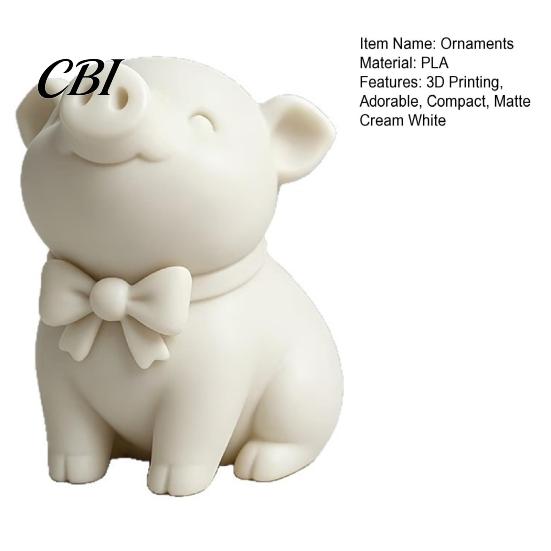 Miniature Pig Figurine 3D Printed Cute Bow Tie Figurine, Matte Cream White, Minimalist Animal Decor Statue, Piggy Desk Ornament Compact for