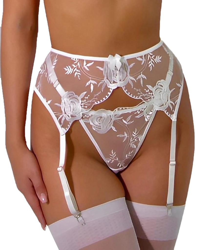 Spitzen-Strumpfhalter-Set mit Tanga für Damen Hosenträger-Dessous mit 4 Metallklammern Haltergurte für Strümpfe + Tanga