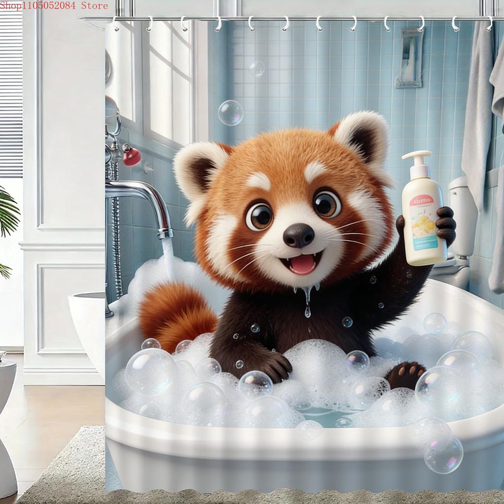 Cute 3D Cartoon Penguin Bathing with Bubbles Waterproof Shower Curtain - Fun Bathroom Decor