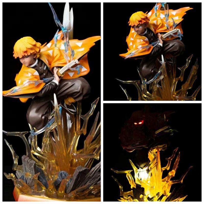 Fashnics Light 32Cm Anime Demon Slayer Agatsuma Zenitsu Double Head Sculpture Figures Pvc -Up Statue Collectible Room Decor Model Toy Gift