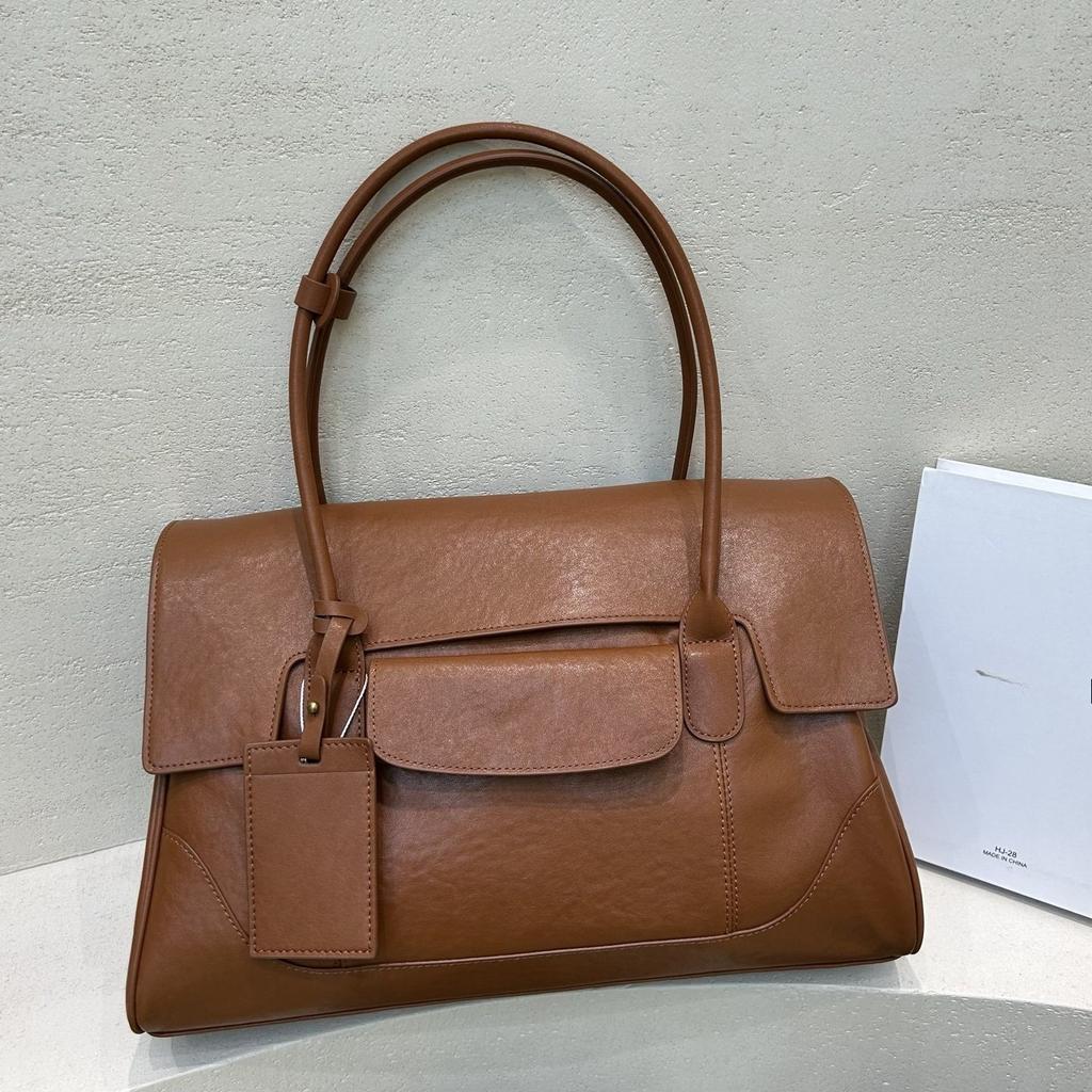 Niche Design Large Capacity Tote Document Handbag Shoulder First Layer Vegetable Tanned Cowhide Commuter Business