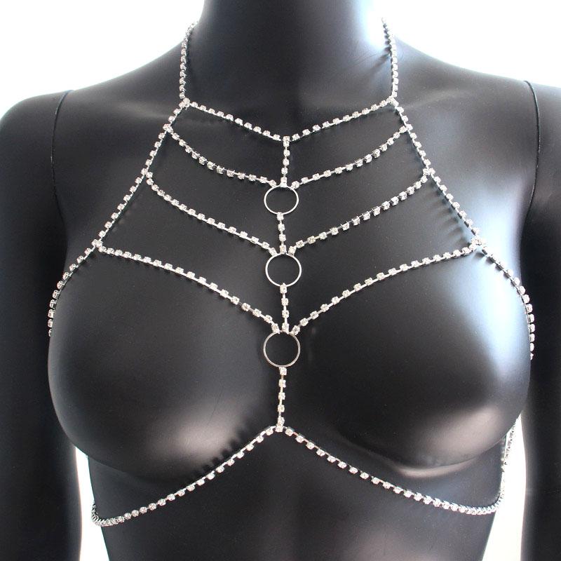 Shiny Crystal Rhinestone Bra Chain Harness Jewelry for Women Sexy Hollow Choker Necklace Body Harness Chain Bikini Top
