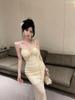 Elegant Low-Cut Spaghetti Strap Mesh Tassel Bodycon Evening Gown
