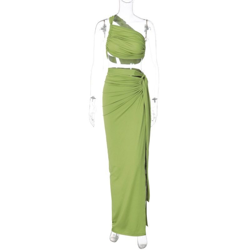 

Amazon Women s Clothing 2025 Summer New Collection Sexy Backless Tube Top Slim Fit Split Skirt Set Green M