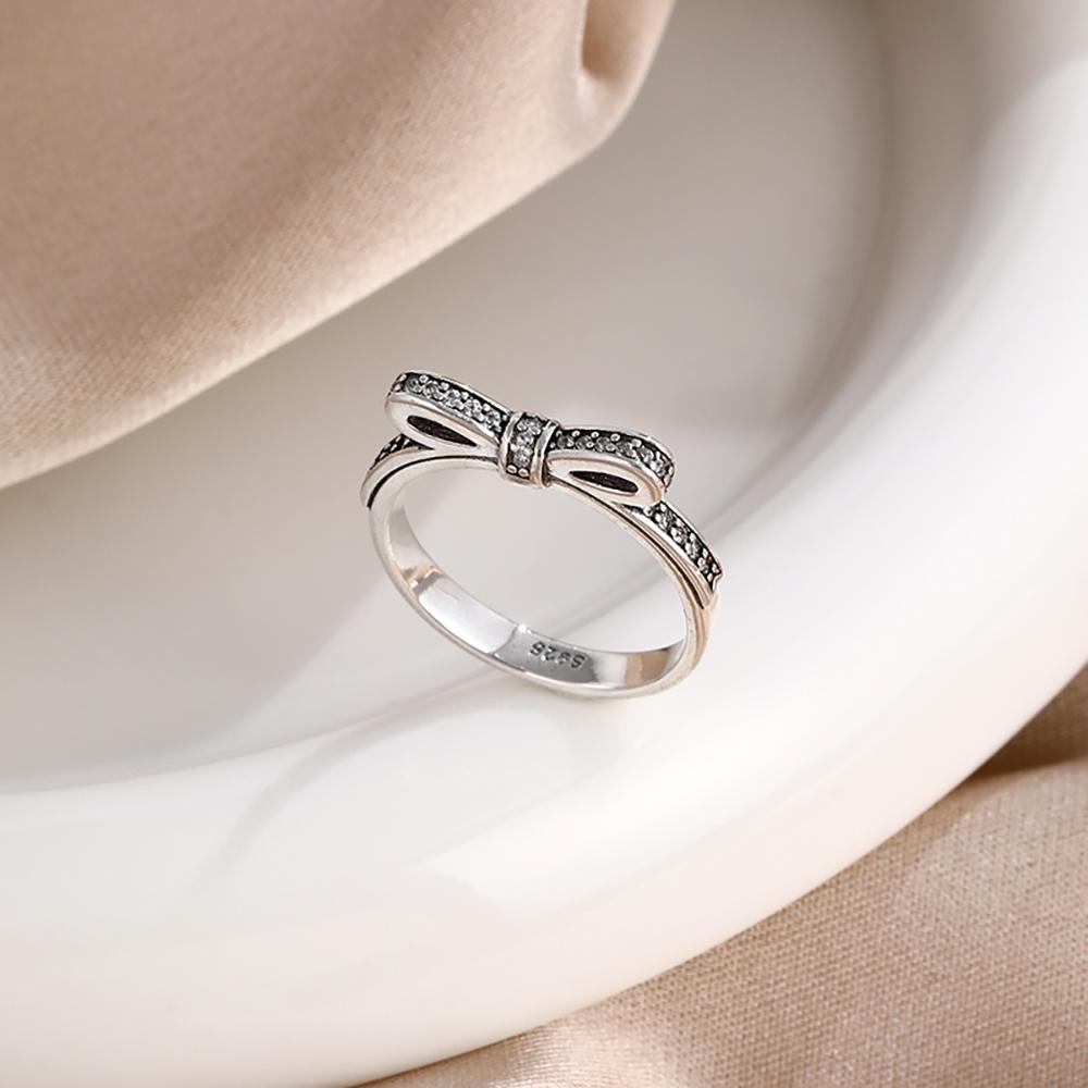 925 Silver Red Pink White bows Ring For Women Jewelry Open Design Wedding Party Fashion Gift