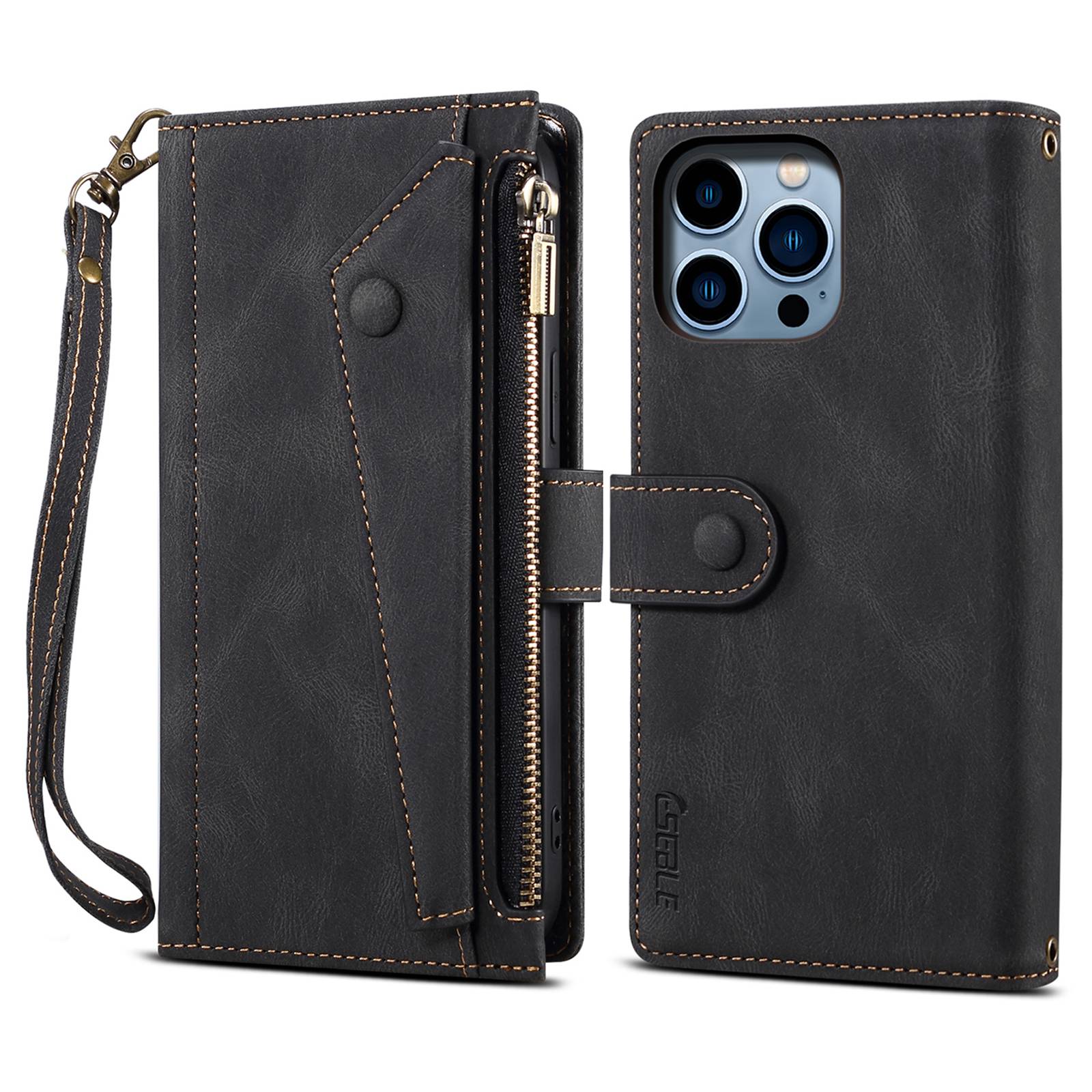 

ESEBLE Star Series For iPhone 16 Pro Max Case Zipper Wallet Anti-Drop PU Leather Phone Cover Black