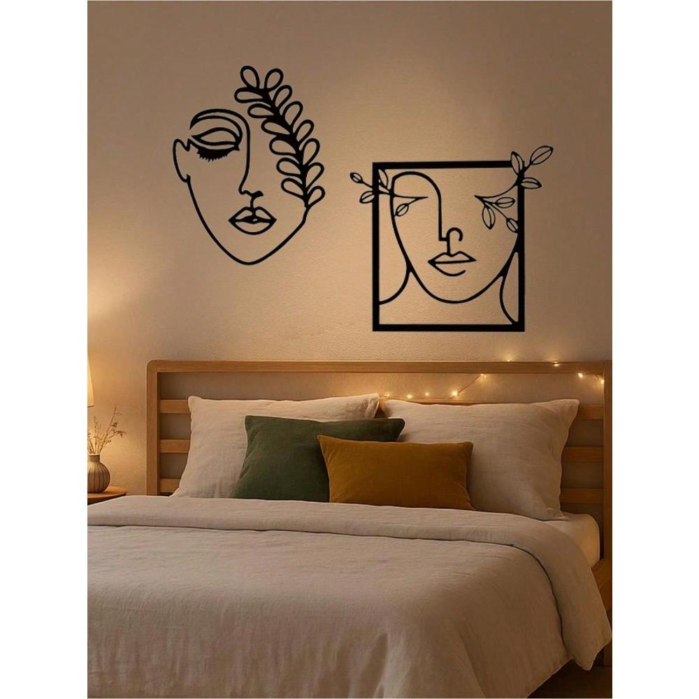 2pcs Modern Metal Wall Art Set, Woman Face & Leaf Design, Artistic Decor for Living Room Bedroom, Waterproof Rustproof Wall Hanging